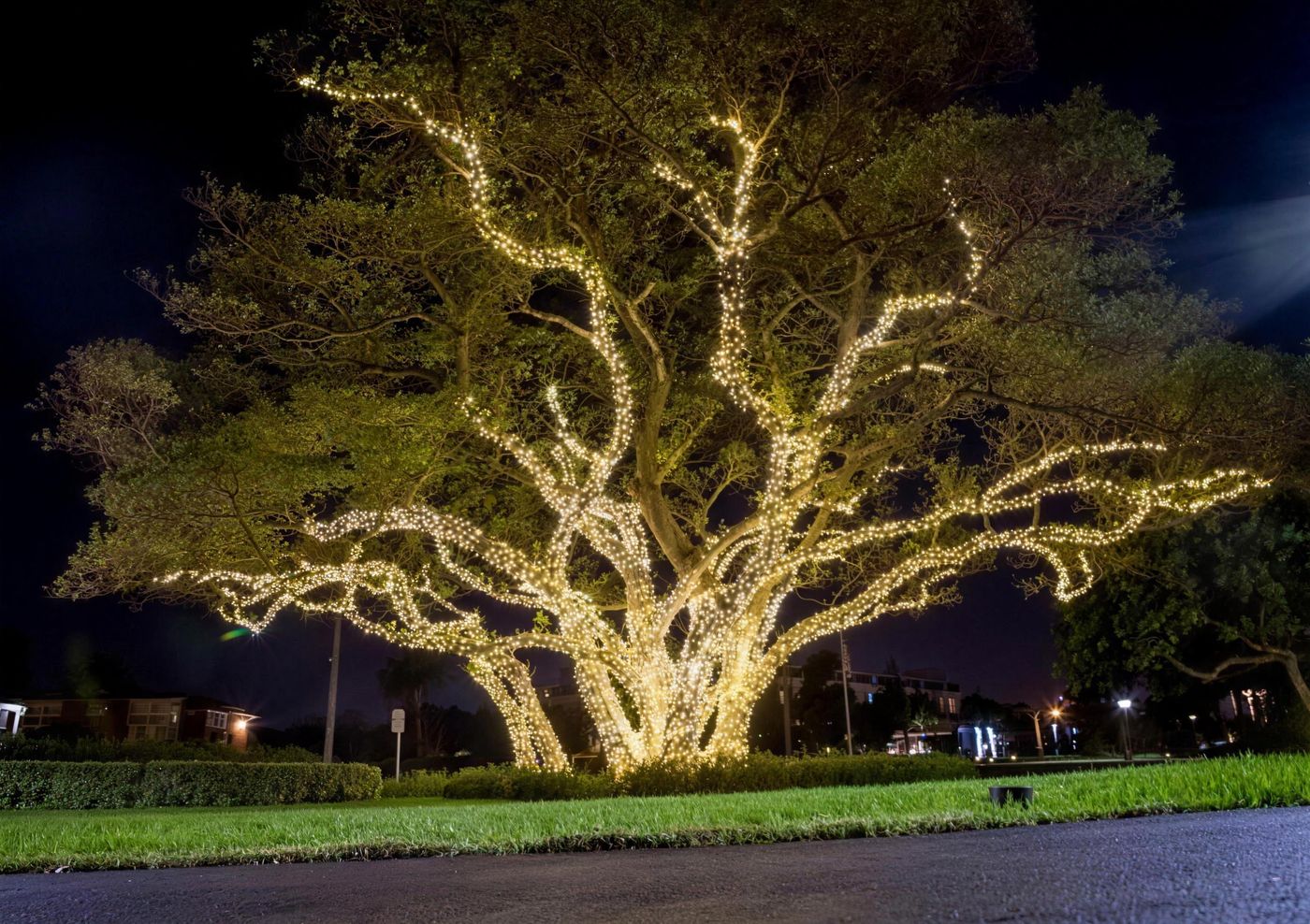 Large oak tree wrapped in warm white lights